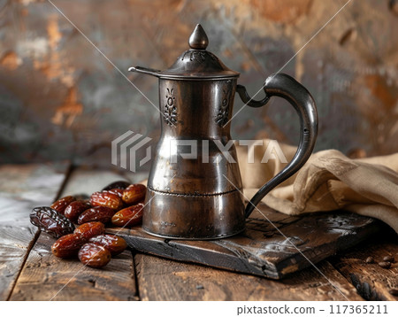 Dallah is a metal pot with a long spout designed specifically for making Arabic coffee. 117365211