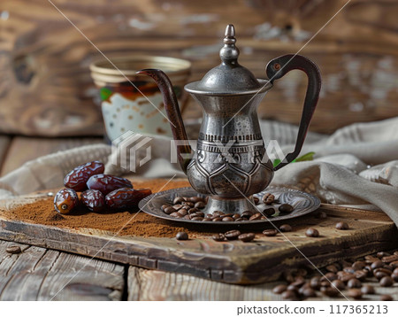 Dallah is a metal pot with a long spout designed specifically for making Arabic coffee. 117365213