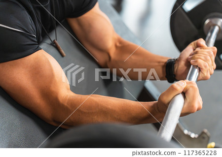 Muscular arms of a man training biceps with the barbell at the gym 117365228