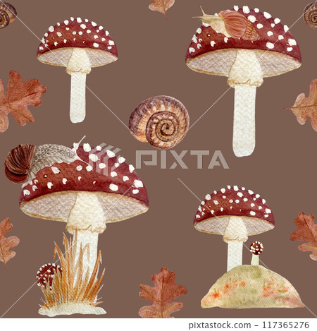Fly agaric red wild mushroom and a snail textured watercolor seamless pattern on brown background. Stylized autumn forest hand drawn clip art for kids products, cards, packages, wrapping paper Fly agaric red wild mushroom and a snail textured watercolor seamless pattern on brown background. Stylized autumn forest hand drawn clip art for kids products, cards, packages, wrapping paper 117365276