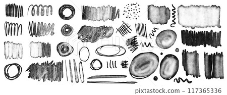 Set of different pencil marker ink black scribble doodle hand drawn speech bubbles arrows signs figures shapes isolated on white background 117365336