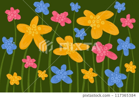 Simple summer flowers doodles, floral design elements print pattern seamless surface pencil hand drawn naive style 117365384