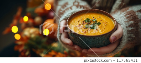 Hands holding a bowl of autumn pumpkin soup. Fall season, PoV. Wide format banner with copy space 117365411