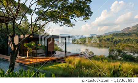 A small house is built on a pier over a body of water. The house is surrounded by a lush green garden and a few potted plants.  117365695
