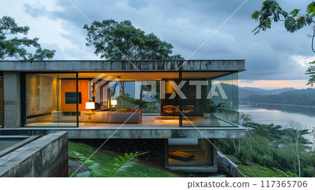A small house is built on a pier over a body of water. The house is surrounded by a lush green garden and a few potted plants.  117365706