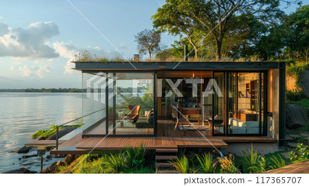 A small house is built on a pier over a body of water. The house is surrounded by a lush green garden and a few potted plants. A small house is built on a pier over a body of water. The house is surrounded by a lush green garden and a few potted plants. 117365707