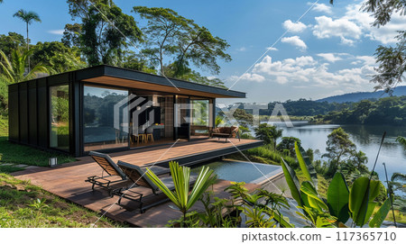 A small house is built on a pier over a body of water. The house is surrounded by a lush green garden and a few potted plants.  117365710