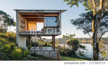 A small house is built on a pier over a body of water. The house is surrounded by a lush green garden and a few potted plants. A small house is built on a pier over a body of water. The house is surrounded by a lush green garden and a few potted plants. 117365712