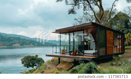 A small house is built on a pier over a body of water. The house is surrounded by a lush green garden and a few potted plants.  117365713