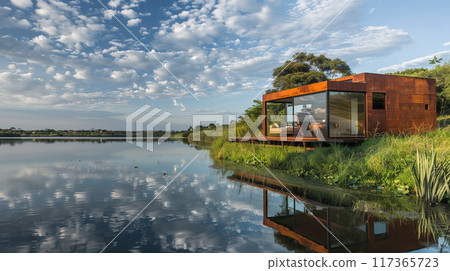 A small house is built on a pier over a body of water. The house is surrounded by a lush green garden and a few potted plants. A small house is built on a pier over a body of water. The house is surrounded by a lush green garden and a few potted plants. 117365723