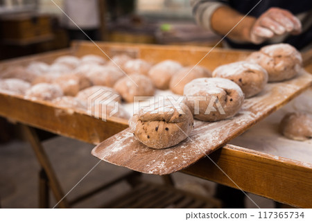 Yeast dough in the form of loaves waiting to be cooked Yeast dough in the form of loaves waiting to be cooked 117365734