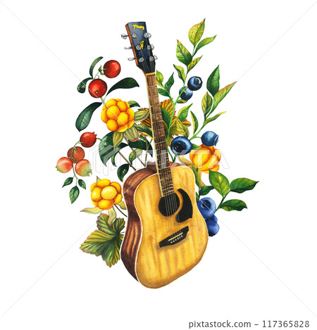 Watercolor Acoustic Guitar with forest berries blueberry cranberry cloudberry. Hand painted illustration of musical instrument. Wooden music string instrument. Isolated on white background for a 117365828