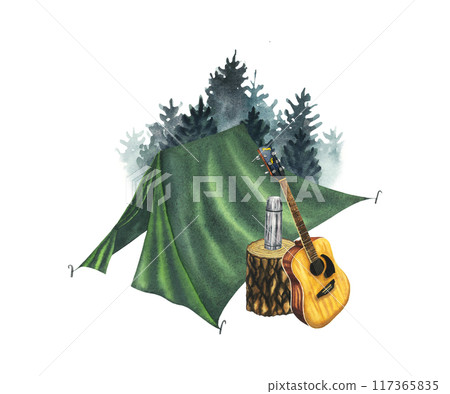 Watercolor composition with green camping tent, forest pine trees background, acoustic guitar, thermos on a wooden stamp. Hand drawn illustration isolated on white. Mountain equipment for recreation 117365835