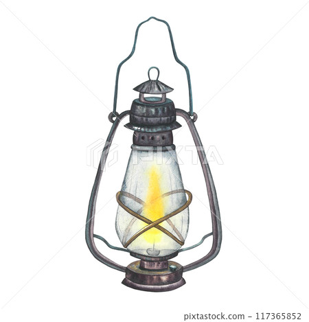 Watercolor vintage oil lantern isolated on white background. Hand drawn camping old kerosene lamp design. Travel retro metal equipment for camp and adventure. Antique rusty glass element for icon or 117365852