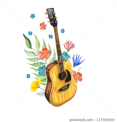 Watercolor Acoustic Guitar with flowers. Hand painted illustration of musical instrument. Wooden music string instrument. Isolated on white background for a postcard, icon, music party flyer, festival 117365859