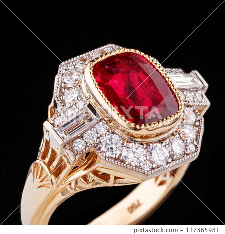 Beautiful yellow gold ring with a ruby on a black background Beautiful yellow gold ring with a ruby on a black background 117365981