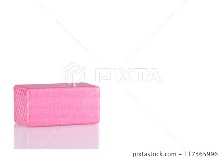 Wooden cube of pink color on a white background Wooden cube of pink color on a white background 117365996