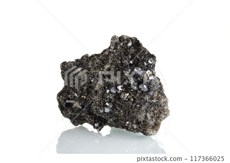 macro stone mineral Quartz Sphalerite Galena pyrite on a white background macro stone mineral Quartz Sphalerite Galena pyrite on a white background 117366025