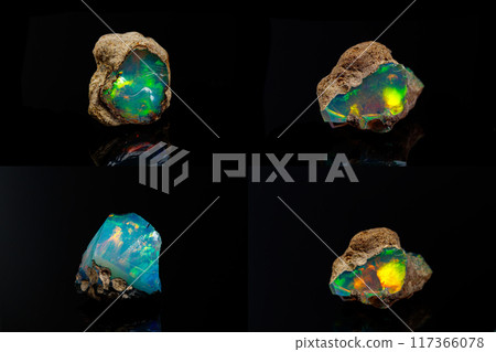 macro mineral stone rare and beautiful opals on a black background 117366078