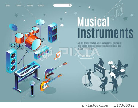Musical Instruments landing page with people singing and playing various musical instruments, modern concert poster, audio blog concept, Isometric Vector illustration on isolated background 117366082