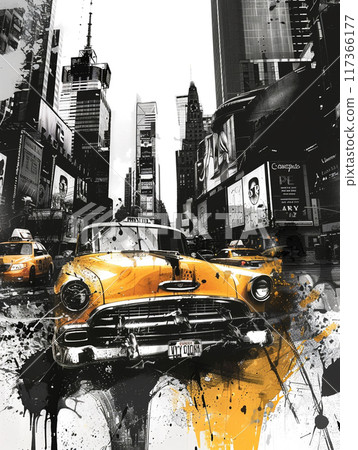 A car is driving down a city street with splatters art style of paint stroke around it. The car is a vintage model and it is a classic 117366177
