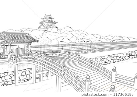 Line drawings of bridges, gates and castles from the Edo period Line drawings of bridges, gates and castles from the Edo period 117366193