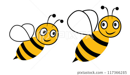 Friendly bees set in different style. Cartoon happy flying bees with big kind eyes. Insect character. Vector isolated on white. Friendly bees set in different style. Cartoon happy flying bees with big kind eyes. Insect character. Vector isolated on white. 117366285