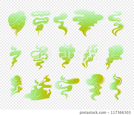 Set of isolated toxic vapors. The smell of spoiled rotten food or poor hygiene of an unwashed body. Stinky smoke. Green fumes, poisonous gas, bad breath, fart smell, clouds of stench, foul odor 117366303