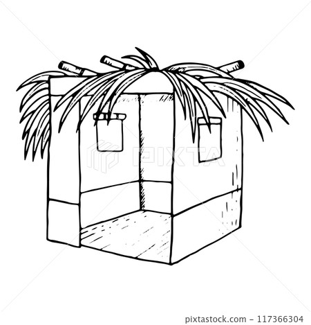 Line Sukkah with palm leaves on the top black and white vector illustration for Sukkot Jewish holiday. Hand drawn succah hut ink sketch in simple style Line Sukkah with palm leaves on the top black and white vector illustration for Sukkot Jewish holiday. Hand drawn succah hut ink sketch in simple style 117366304