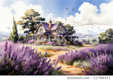 Lavender flowers with a house in the background. 117366351