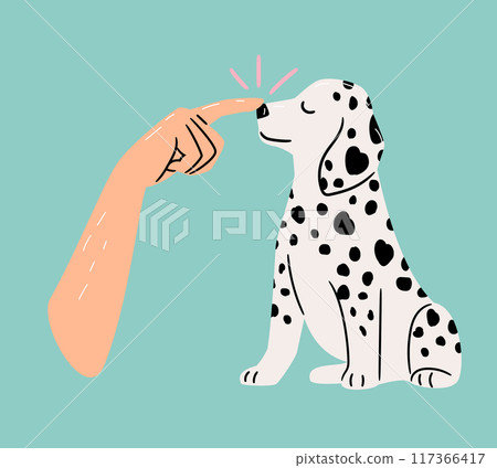 Hand of person touches a dog s nose to check its temperature and well-being. Taking care of pet s health vector illustration 117366417