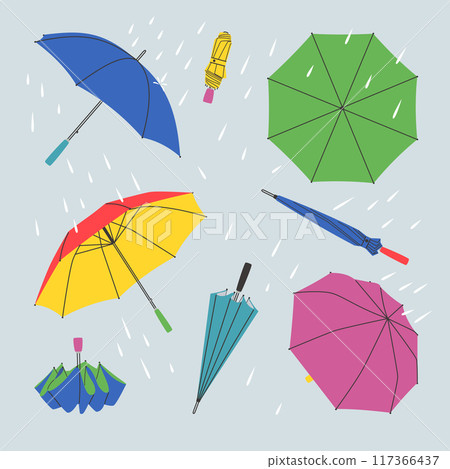 Collection of open and folded umbrellas. Protecting accessories for rainy weather 117366437