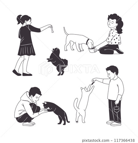 Children feed pets. Girl takes care of a dog. Boy plays with a cat. Vector black and white collection Children feed pets. Girl takes care of a dog. Boy plays with a cat. Vector black and white collection 117366438