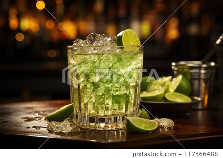 Glass of caipirinha cocktail on table 117366488