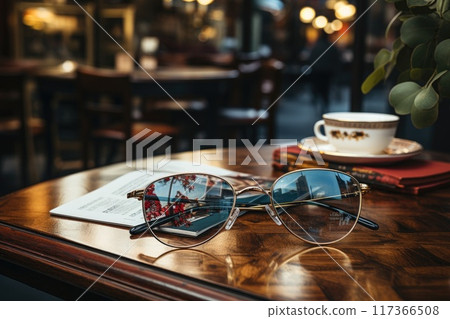 Magazines on table with eyeglasses. Magazines on table with eyeglasses. 117366508