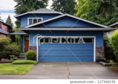 Blue garage door with a driveway in front. 117366539