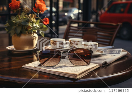 Magazines on table with eyeglasses. Magazines on table with eyeglasses. 117366555