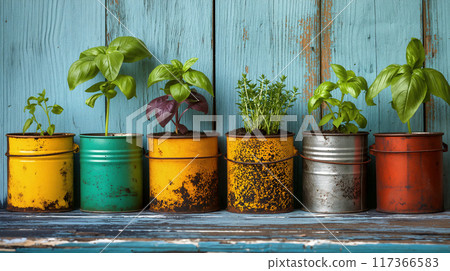 Herbs Growing in Metal Cans Against a Blue Wood Background 117366583