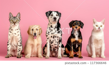 Group of Adorable Pets Against Pink Background Looking Forward 117366646