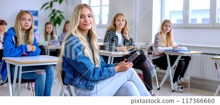 High School Students in a Bright Classroom During a Lesson on a Sunny Day 117366660