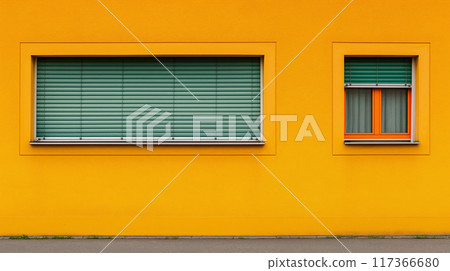 Vibrant Yellow Building With Contrasting Green-Blinded Windows 117366680