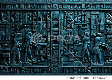 Dark blue colored prehistoric egyptian texts, drawings and hieroglyphs inside a pyramid. Background and texture 117366748