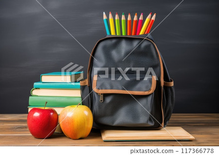 School bag and textbooks in front of a blackboard on a school desk. Back to school concept. 117366778