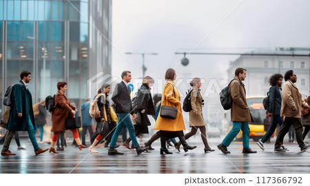 Business Professionals Walking Across Busy Intersection in Urban City During Morning Rush Hour 117366792