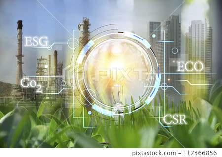 Ideas for reducing carbon dioxide emissions Turn to clean energy for a green world and green industry. Carbon Footprint, ECO, ESG, CRS 117366856