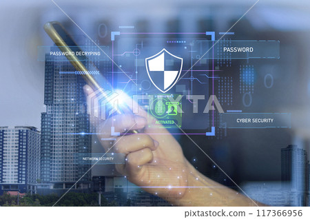 Keypad, cyber shield, lock, technology security system. Digital link. Cyber security with advanced technology. 117366956
