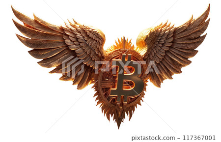 Gold bitcoin in with gold wings flying in the air without background. Design element 117367001