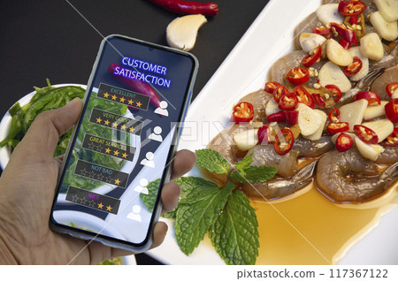 The concept of customers reviewing and rating their satisfaction with food, service scores, and most satisfaction. 117367122