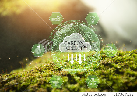 Carbon credit or CO2 trading market. Carbon tradable certificates for buy-sell. Business and environment sustainable. industry and company Reduc of carbon emissions to Net zero greenhouse gas target. 117367152