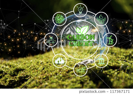 Carbon credit or CO2 trading market. Carbon tradable certificates for buy-sell. Business and environment sustainable. industry and company Reduc of carbon emissions to Net zero greenhouse gas target. 117367171